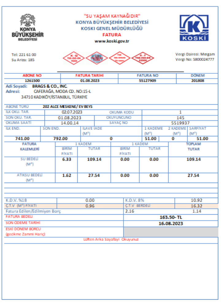 Turkey water utility business bill,  SCR PSD template
